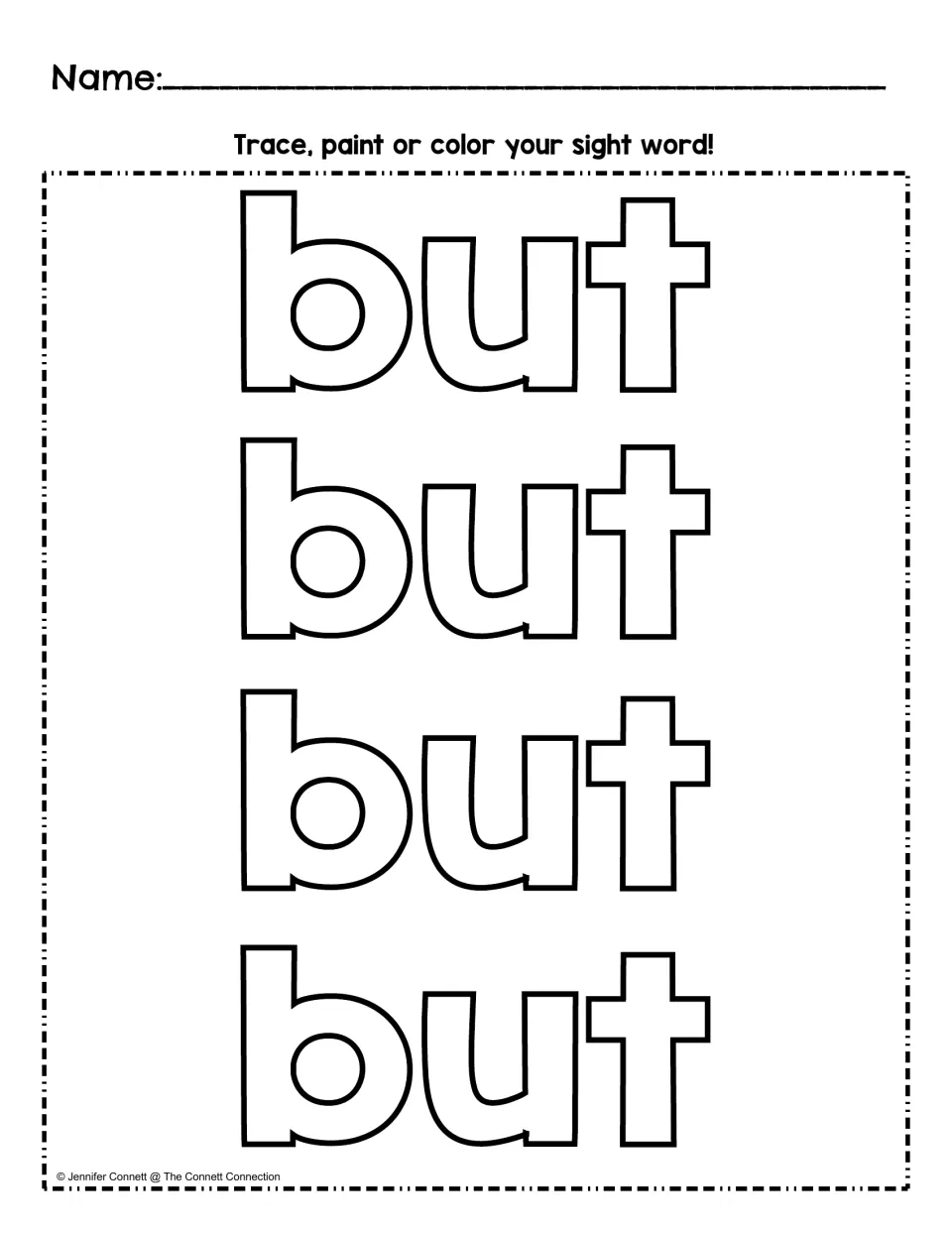 Sight word coloring activity for “but” provides four large outline versions to trace, paint, or color.