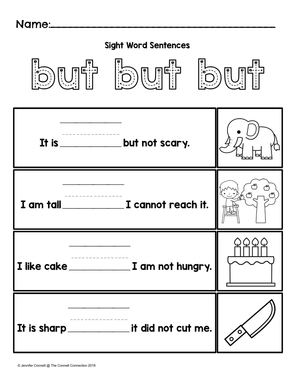 Sight Word Sentences practice for “but”: trace three models and complete sentences about size, reach, cake, and a cut.