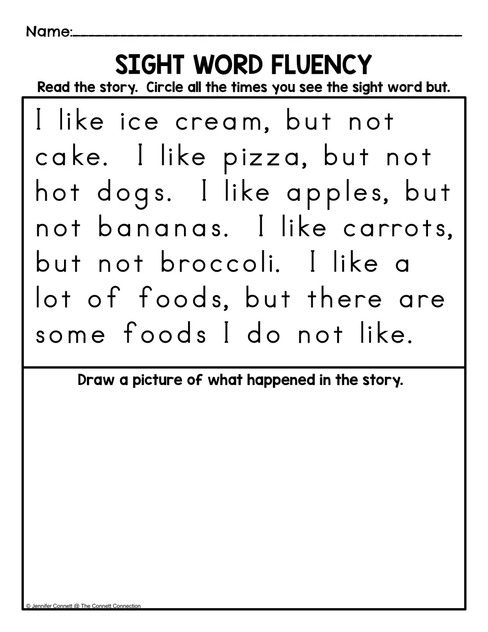 Sight word fluency story uses “but” five times to contrast food preferences; students circle it and draw the story.