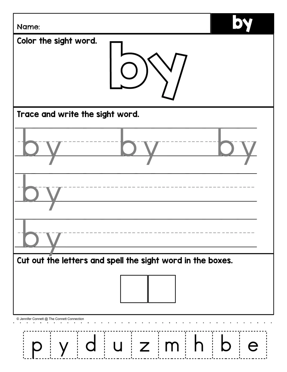 Sight word practice for “by”: color the word, trace and write it, then cut out letters to spell it.