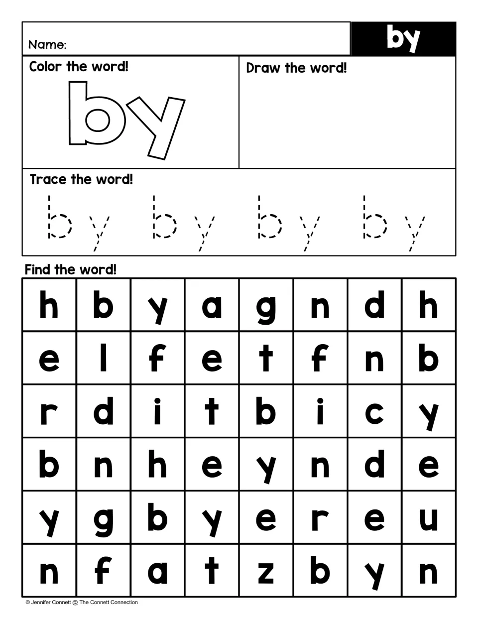 Sight word search activity for “by”: color and draw the word, trace it four times, and find it among letters.