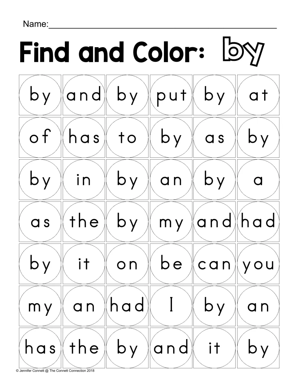 Find-and-color activity for “by,” mixed among other sight words including “and,” “put,” “at,” and “has.”