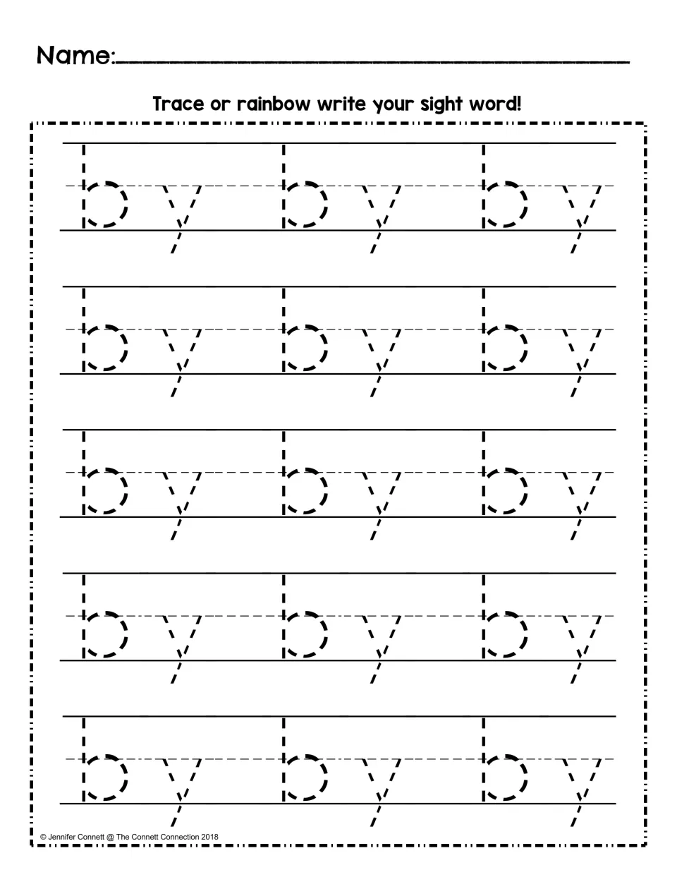 Sight word tracing worksheet featuring 15 dotted examples of “by” for students to trace or rainbow write.