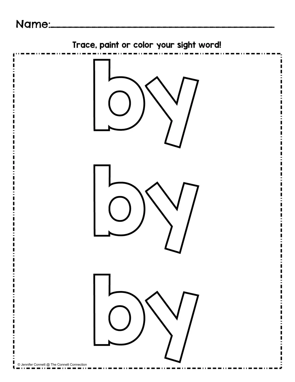 Sight word coloring worksheet featuring three large outlined versions of “by” to trace, paint, or color.