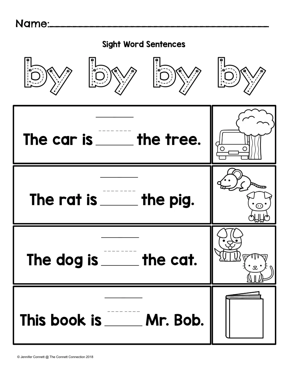 Sentence practice for “by”: trace the word and fill four blanks about a car, rat, dog, and Mr. Bob’s book.
