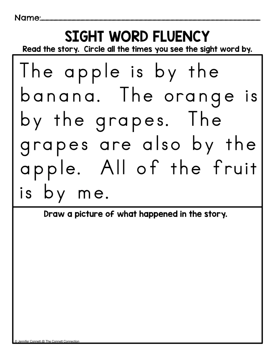 Sight word fluency story about fruit: read and circle “by” four times, then draw a picture of the story.