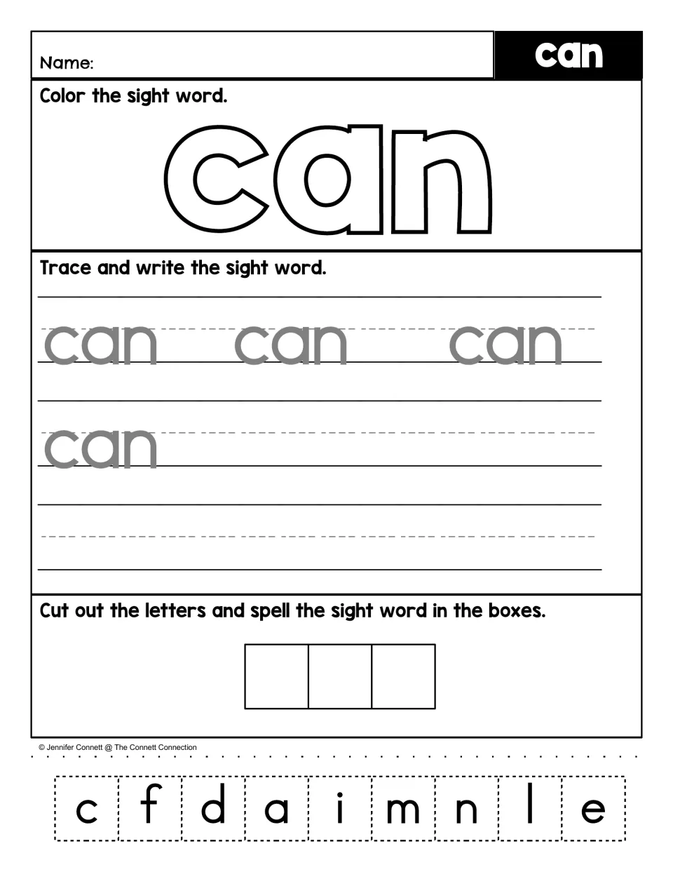 Sight word can practice: students colour the bubble word, trace and write it, then cut out letters to spell c-a-n