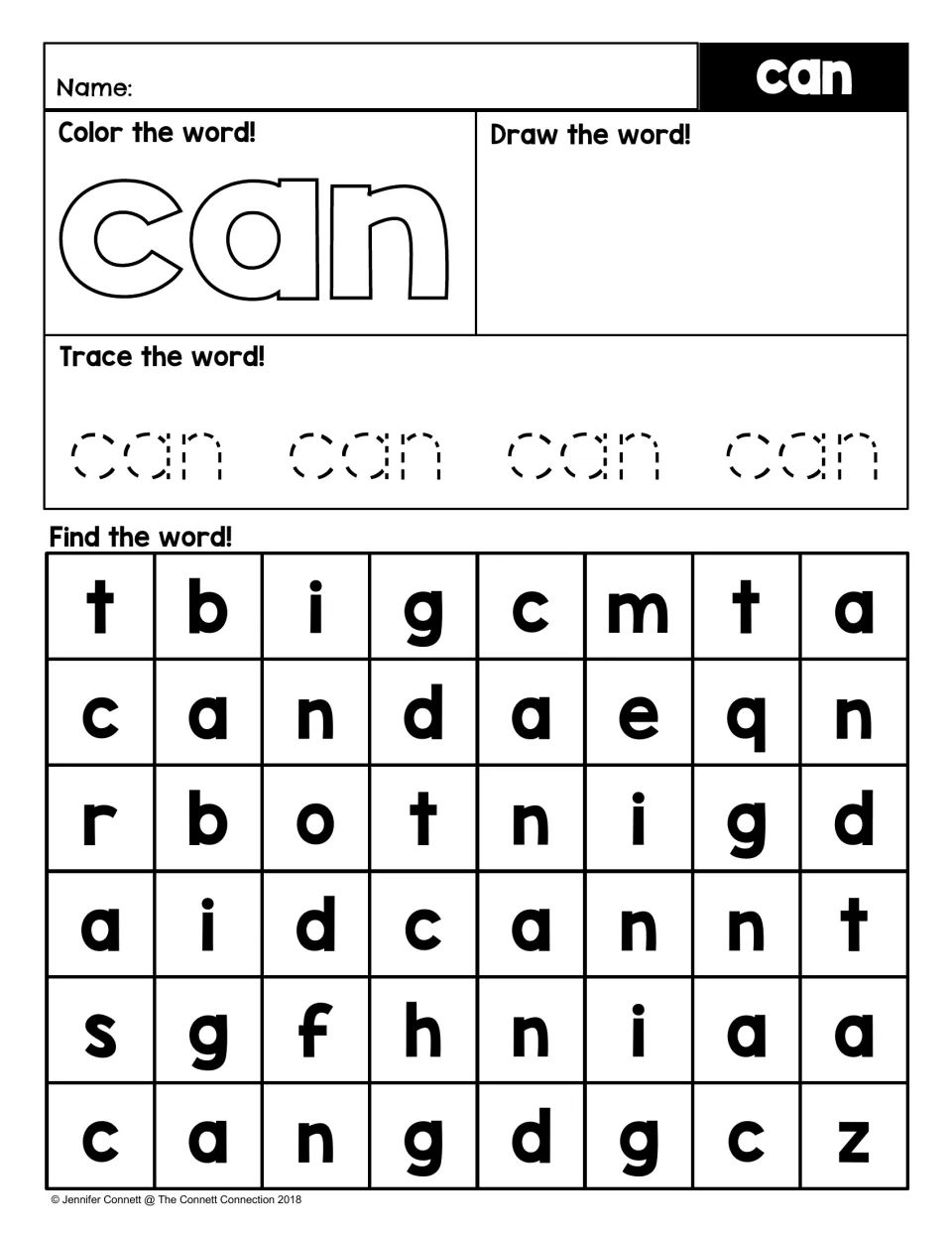 Word can review: students colour, draw and trace can four times, then find it in a letter word search