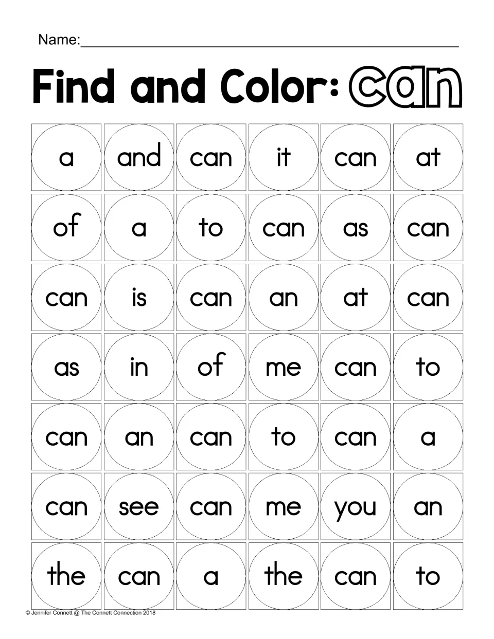 Find and Color: can. Students colour each can among 42 mixed words such as and, to, see and you