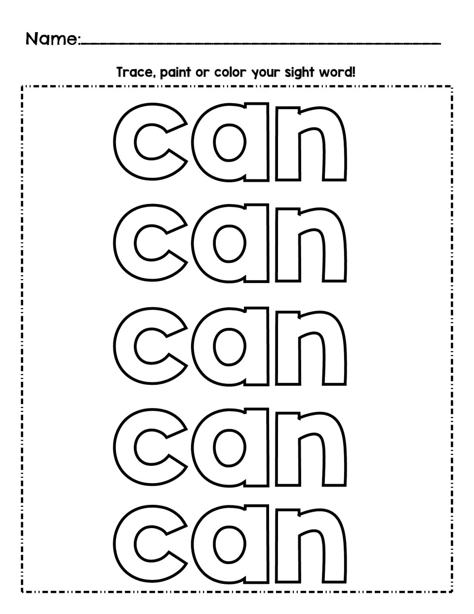 Trace, paint or colour: students fill in the outlined bubble-letter word can, repeated five times down the page