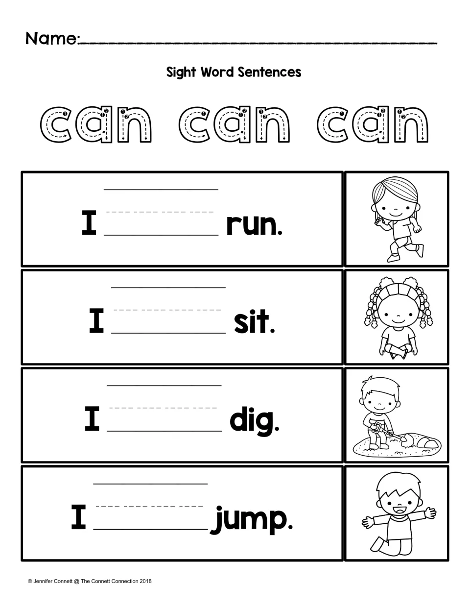 Sight Word Sentences: students trace can, then write it in each blank: I can run, sit, dig and jump, with pictures