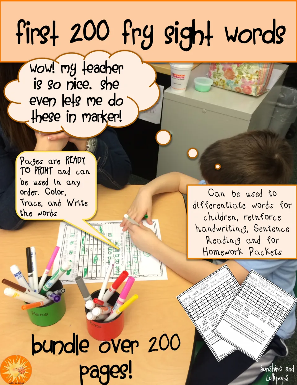First 200 Fry sight words cover: photo of a child tracing a word in marker, plus two sample color, trace and write pages