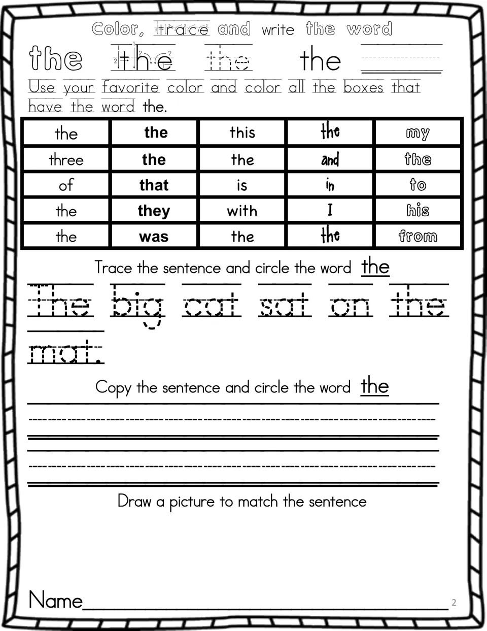 Sight word the: students trace and write it, color each the among mixed words, then trace 'The big cat sat on the mat.'