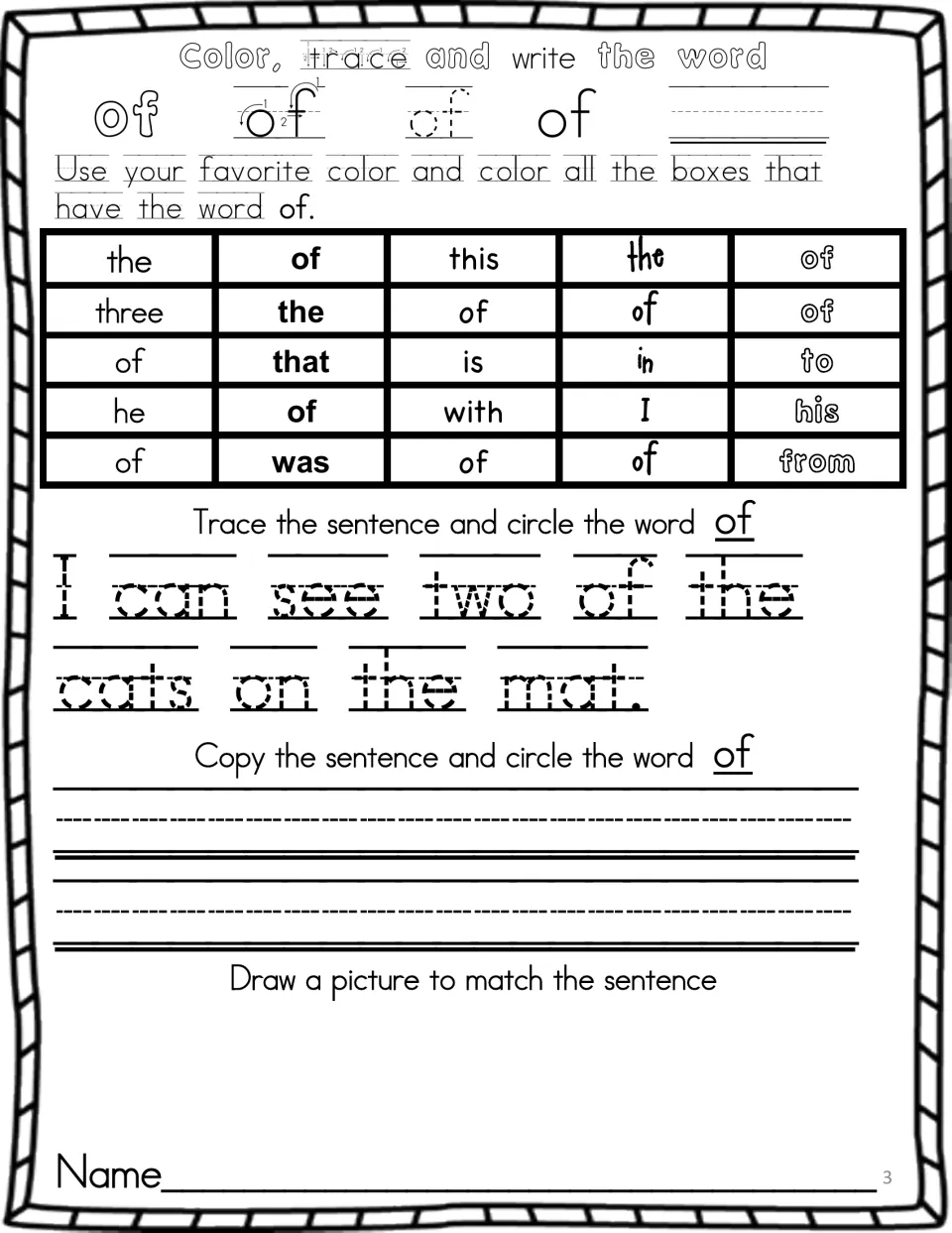 Sight word of: students trace and write of, color each of, then trace and copy 'I can see two of the cats on the mat.'