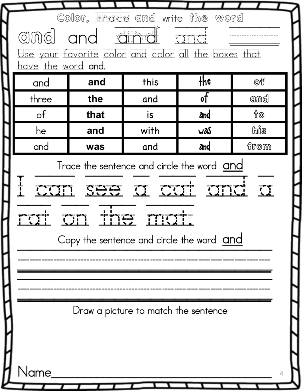 Sight word and: students trace and write and, color each and, trace 'I can see a cat and a rat on the mat.' and draw it
