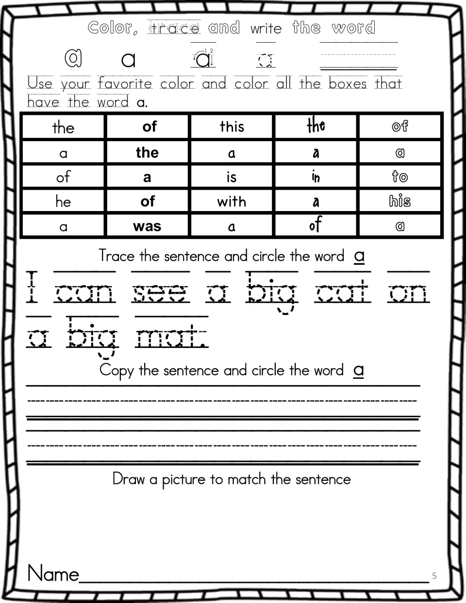 Sight word a: students trace and write a, color each a among of, the and is, then copy 'I can see a big cat on a big mat.'