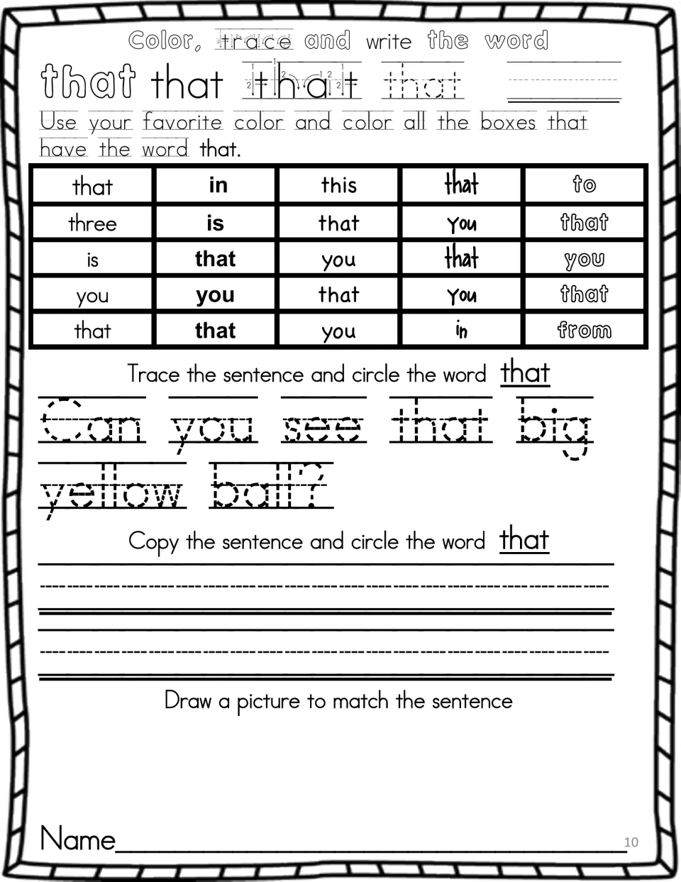 Sight word that: students trace and write that, color each that, then copy 'Can you see that big yellow ball?' and draw it