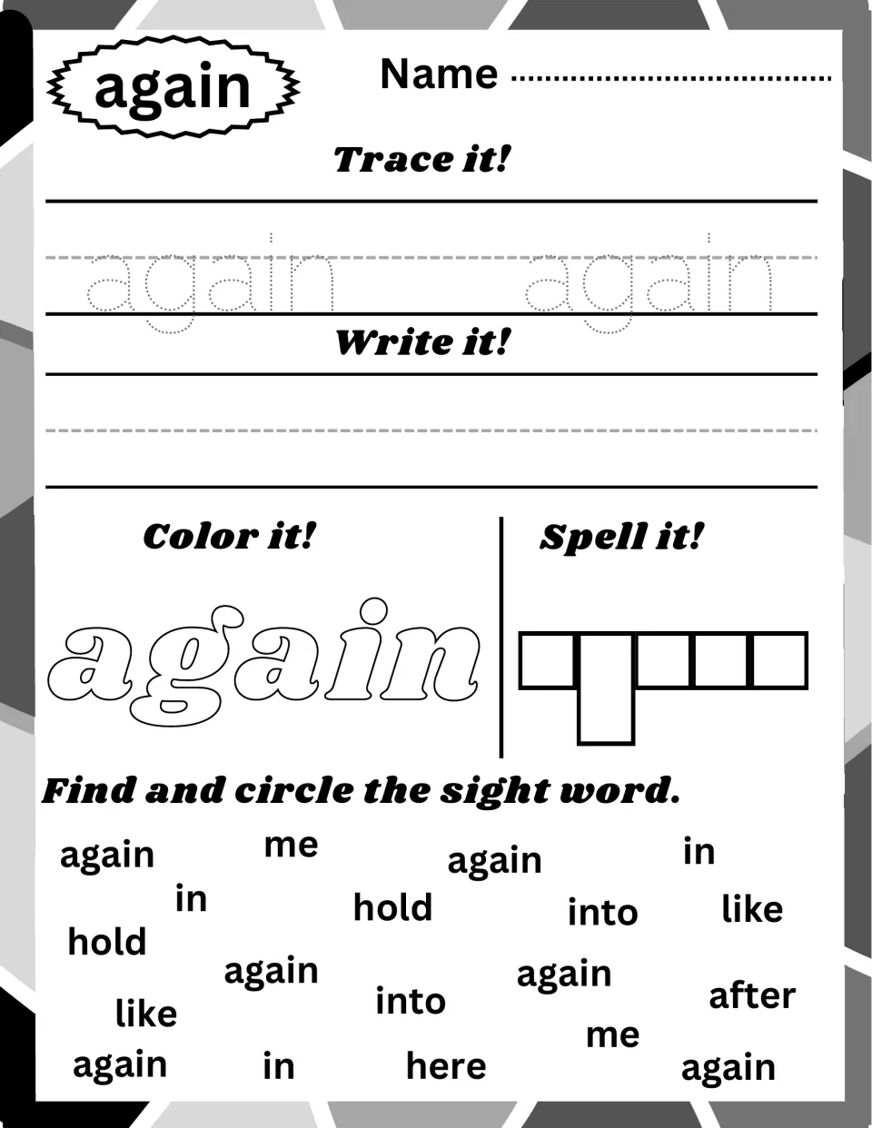 Sight word again: children trace, write and color the word, spell it in shape boxes and circle it among scattered words