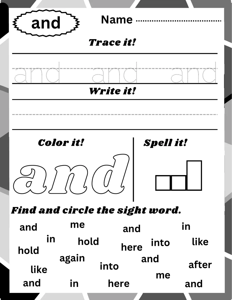Sight word and: trace and write and, color the outline word, spell it in three boxes and circle and among here, again, me
