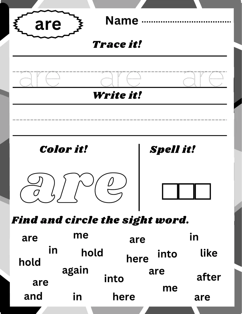 Sight word are: children trace and write are, color it, spell it in three boxes, then find and circle are in a word jumble
