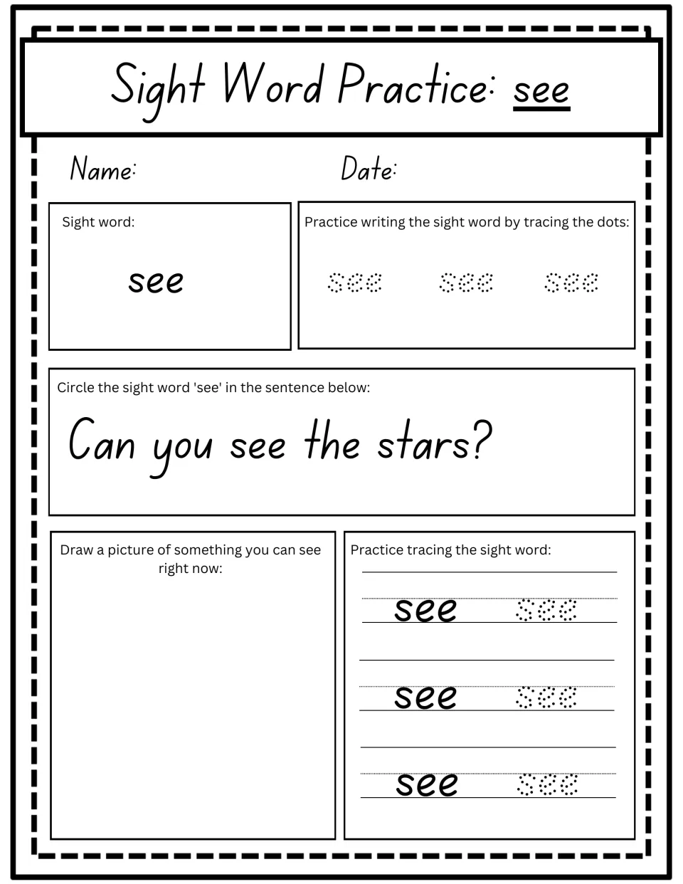 Sight word 'see': students trace it, circle it in 'Can you see the stars?' and draw something they can see now