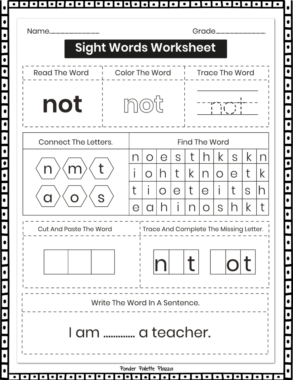 Sight-word practice for 'not': read, color, trace, find letters, and complete 'I am ... a teacher.'