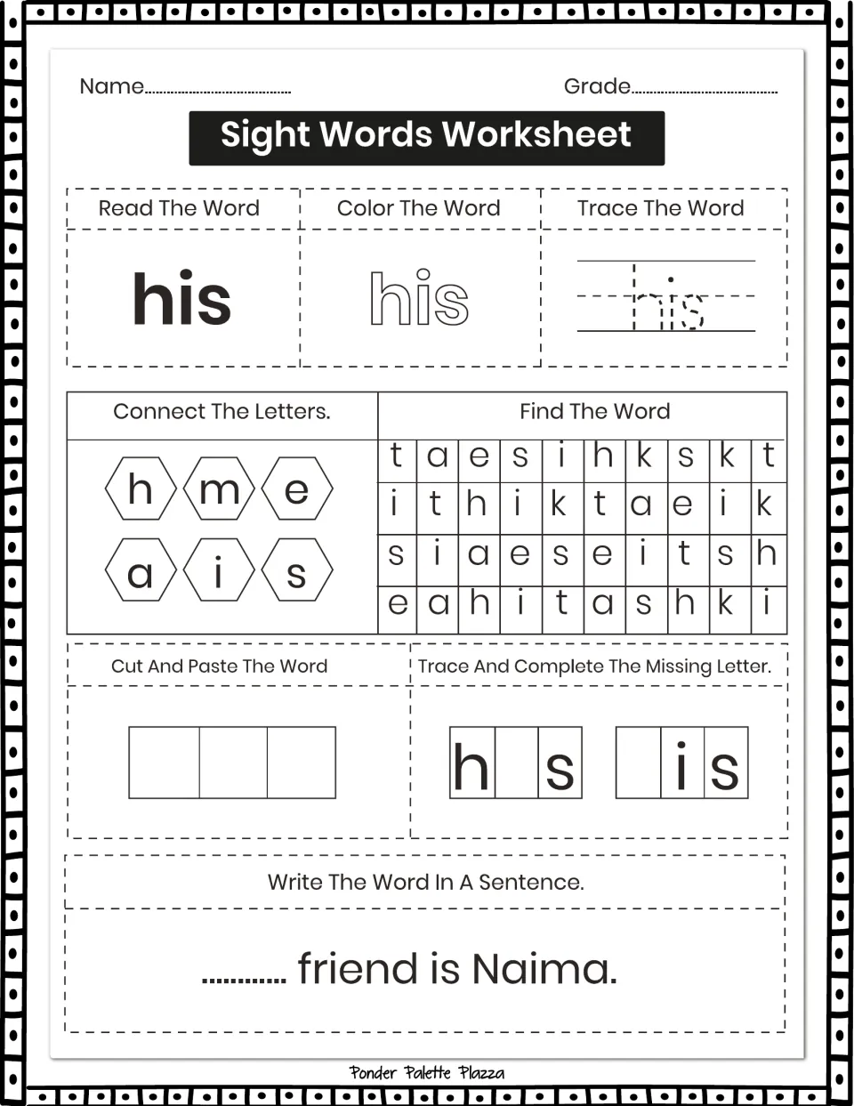 Sight-word practice for 'his': read, color, trace, connect letters, and complete '... friend is Naima.'
