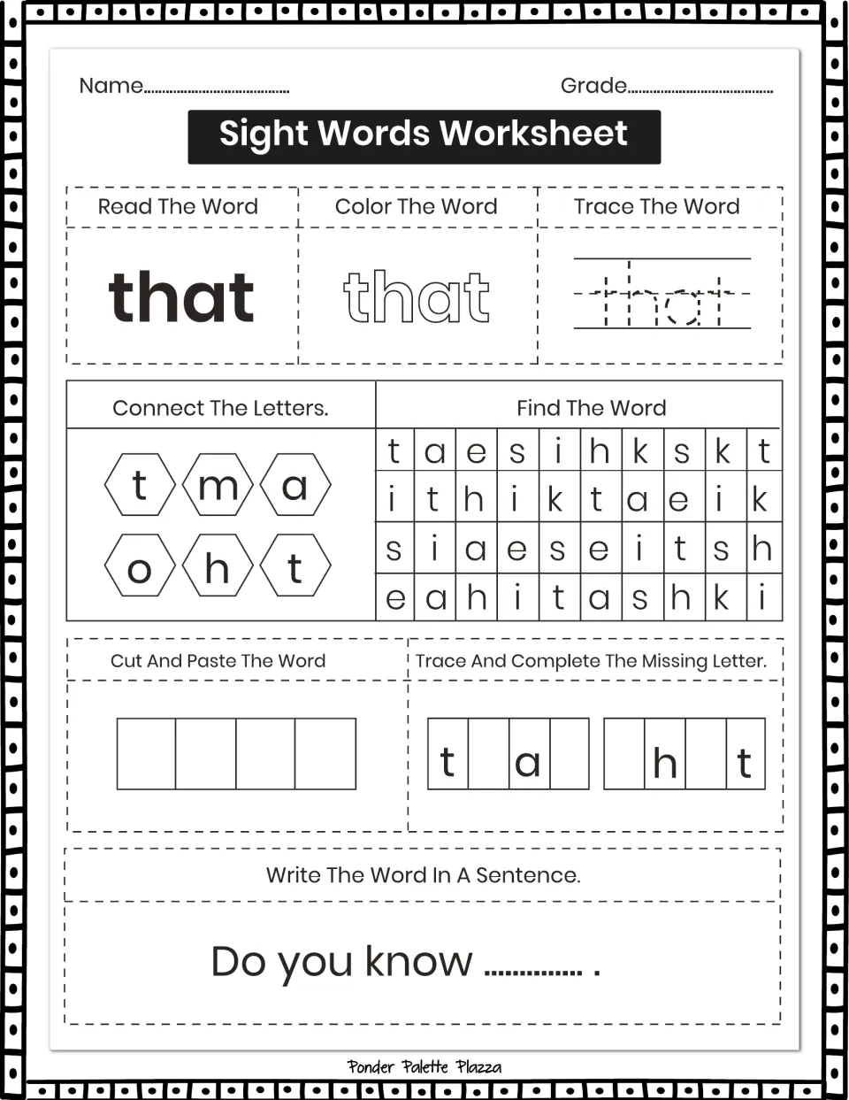 Sight-word practice for 'that': read, color, trace, supply missing letters, and complete 'Do you know ... .'