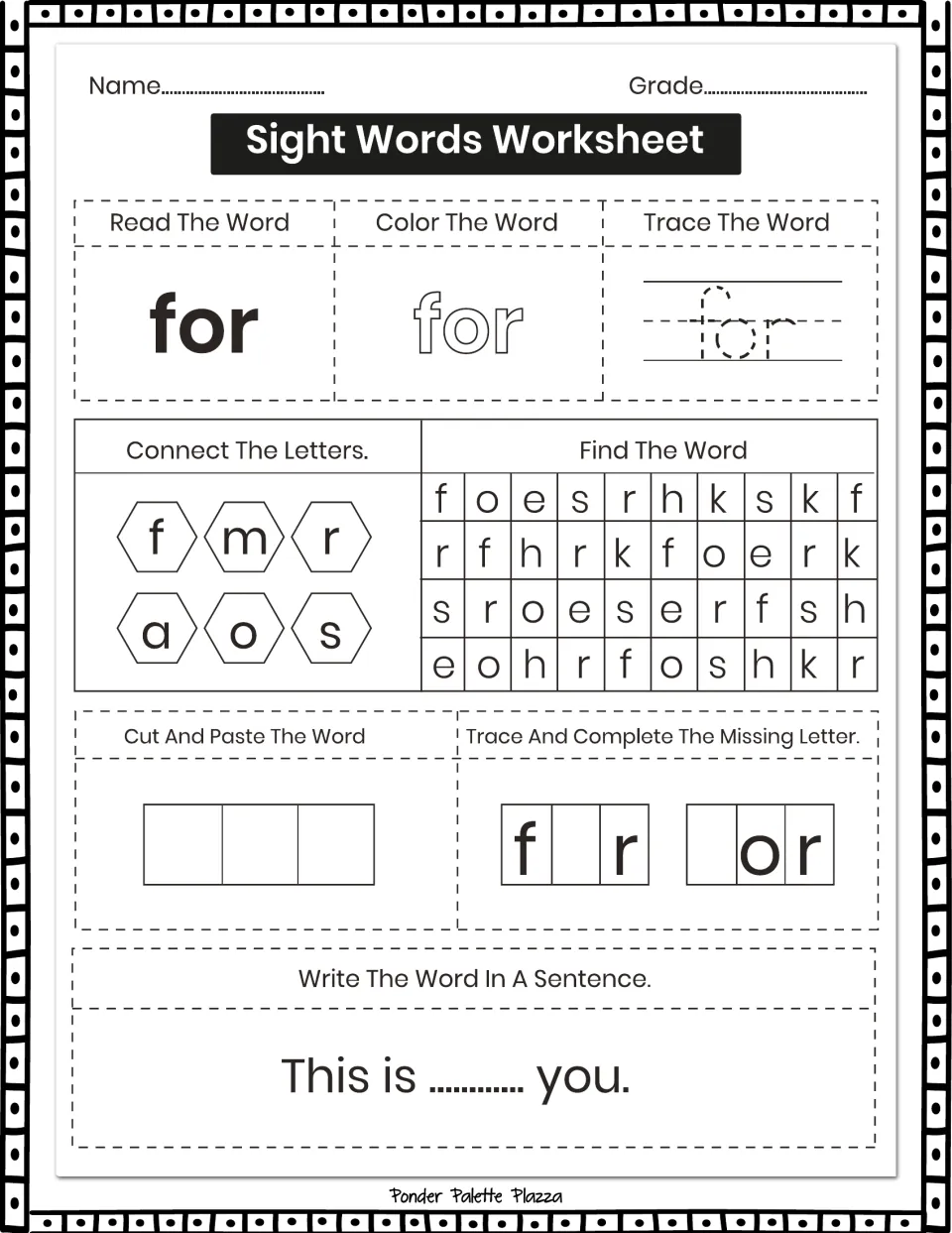 Sight-word practice for 'for': read, color, trace, connect letters, and complete 'This is ... you.'