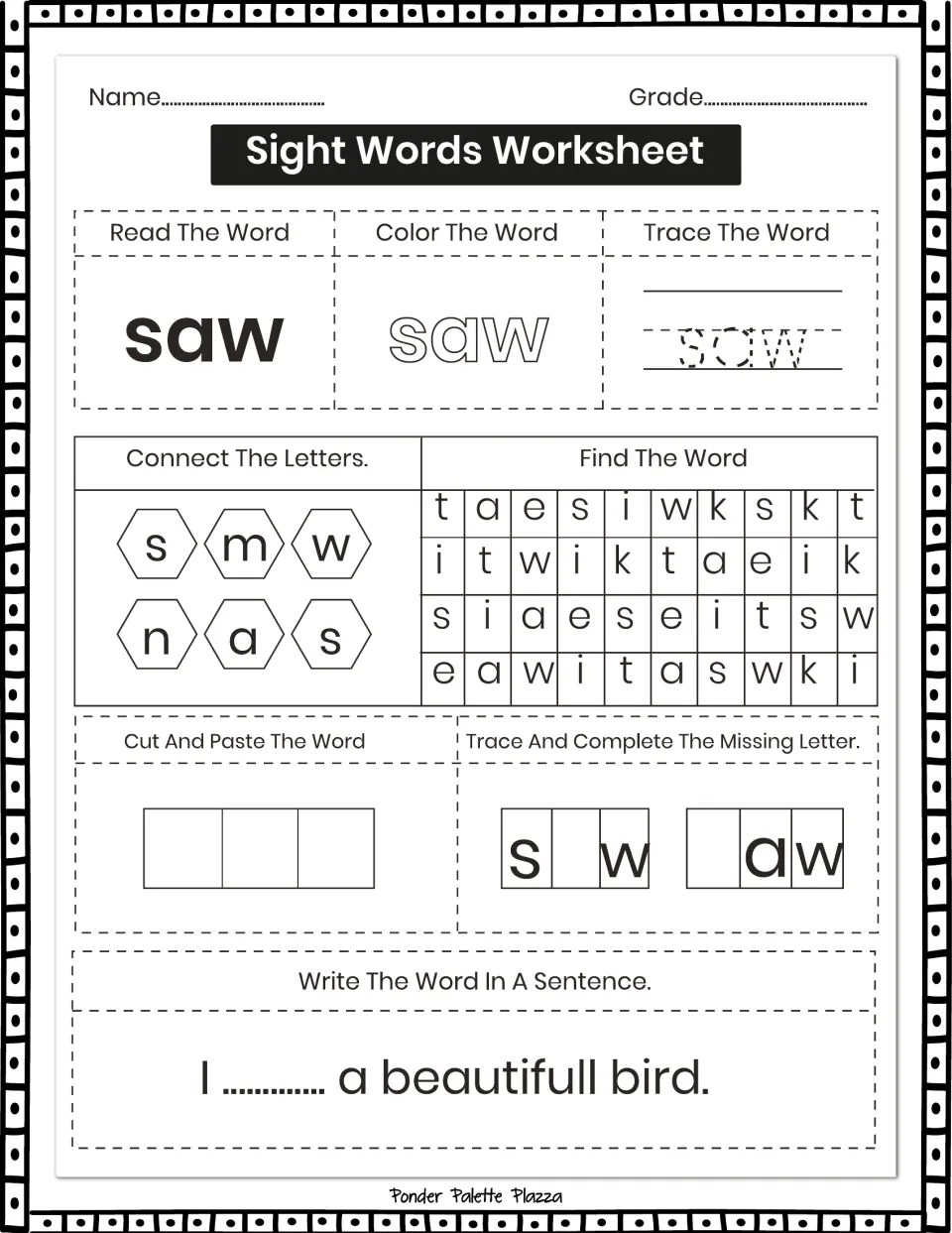 Sight-word practice for 'saw': reading, coloring, tracing, a word search, and missing-letter activities.