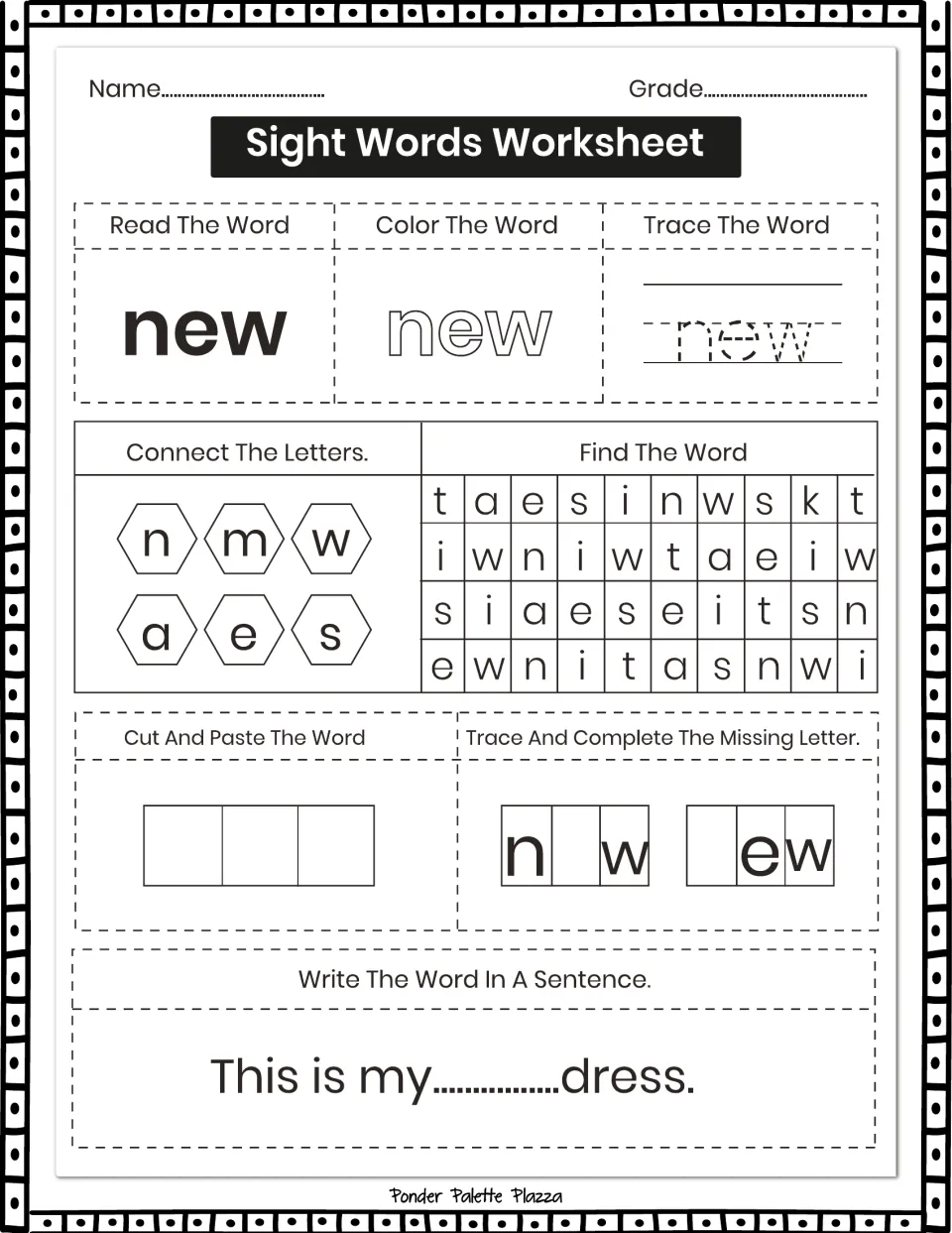 Sight-word practice for 'new': read, color, trace, connect letters, and complete 'This is my ... dress.'