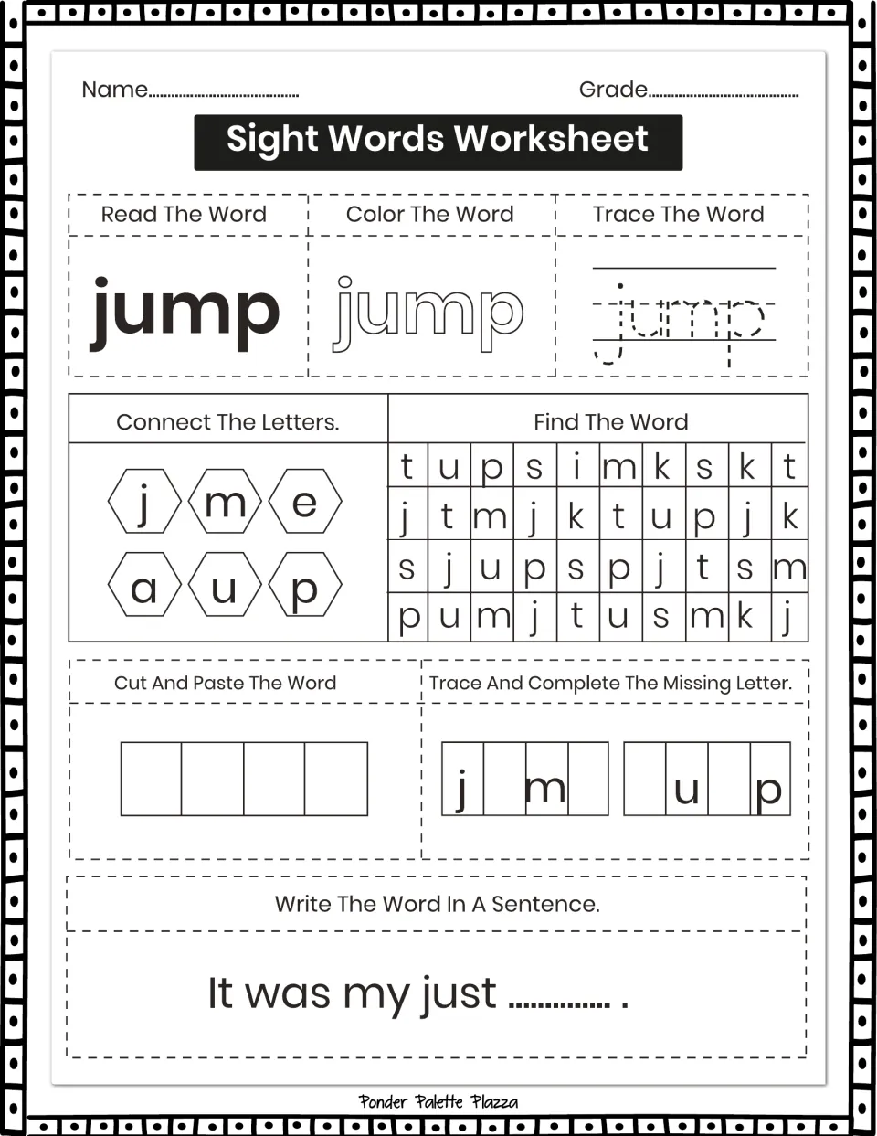 Sight-word practice for 'jump': reading, coloring, tracing, connecting letters, and completing missing letters.