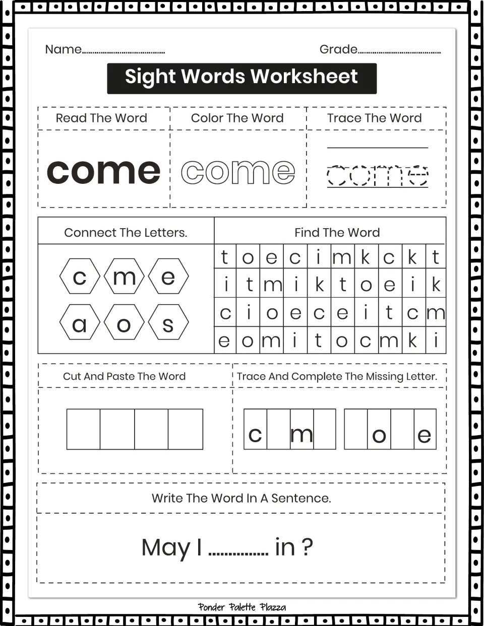 Sight-word practice for 'come': read, color, trace, connect letters, and complete 'May I ... in?'