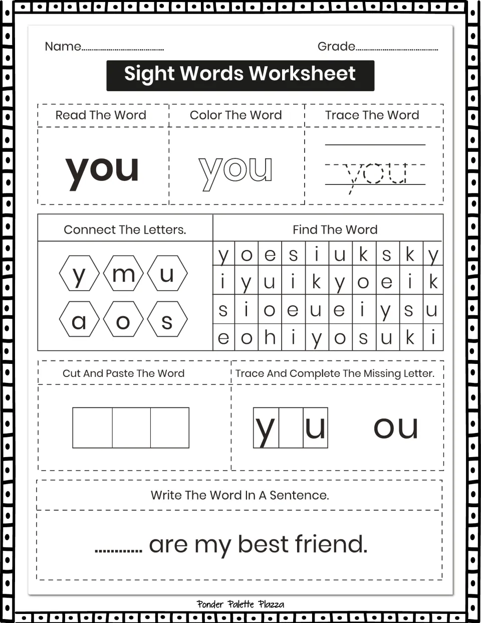 Sight-word practice for 'you': read, color, trace, find the word, and complete '... are my best friend.'