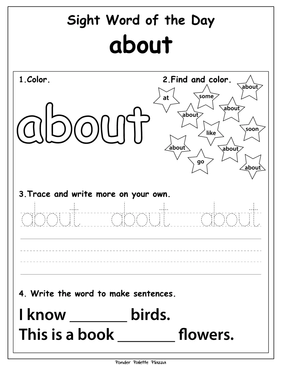 Sight word practice for 'about': color, find, trace, and complete sentences about birds and flowers.