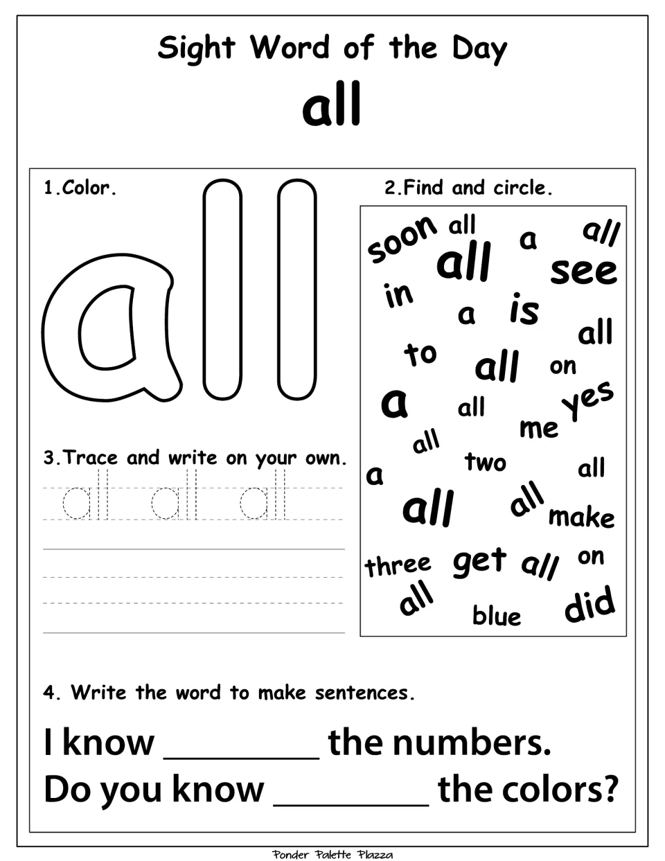 Sight word practice for 'all': color, find and circle, trace, and finish sentences about numbers and colors.