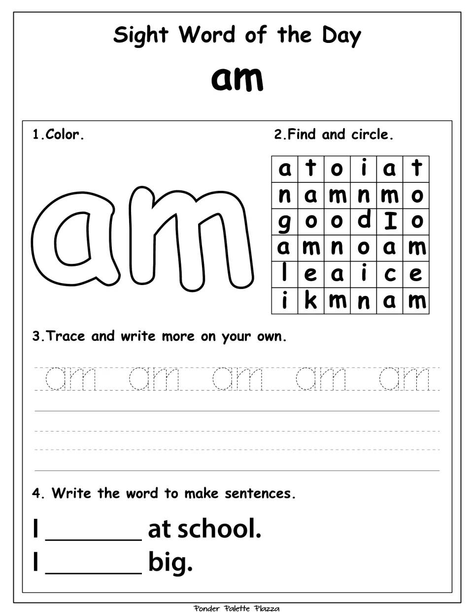 Sight word practice for 'am': color, find, trace, and fill in 'I ___ at school' and 'I ___ big.'