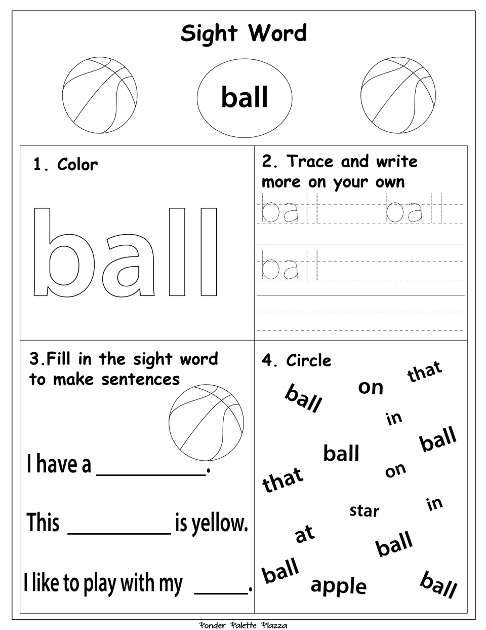 Sight word practice for 'ball': color the word, trace and write, complete three sentences, and circle 'ball.'