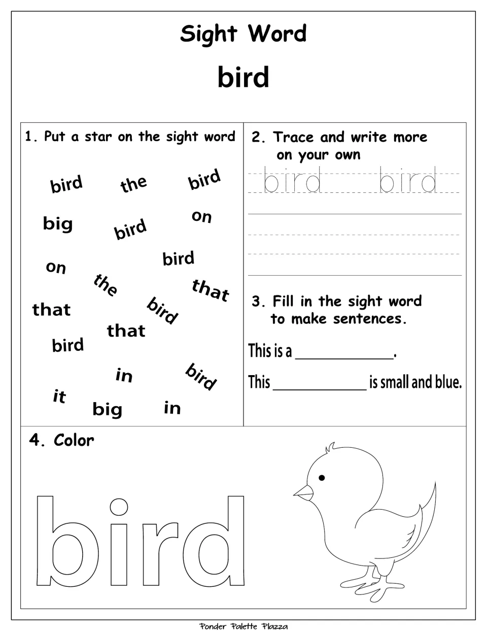 Sight word practice for 'bird': star matching words, trace and write, finish sentences, and color a bird.