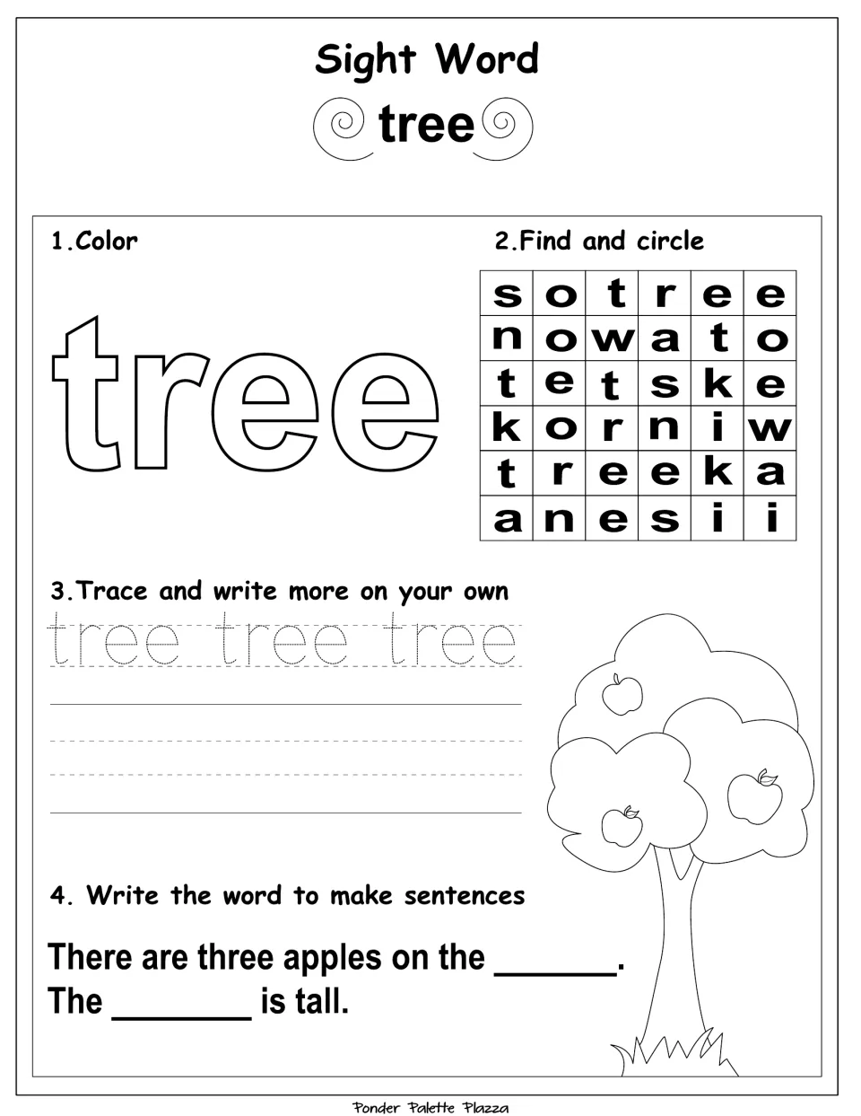 Sight word practice for 'tree': color, find and circle, trace, and finish sentences about apples and a tall tree.
