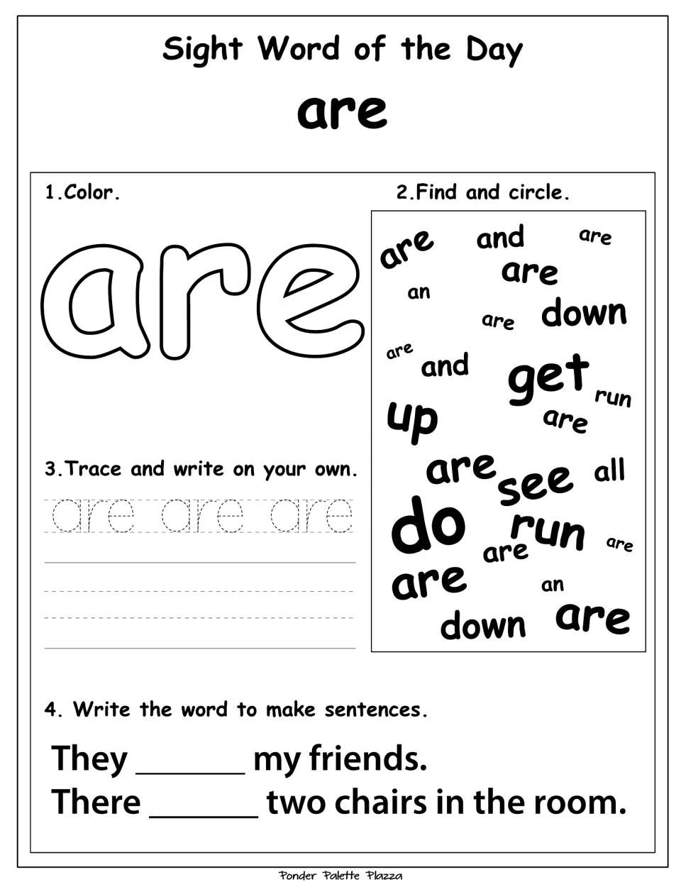 Sight word practice for 'are': color, find and circle, trace, and complete sentences about friends and chairs.
