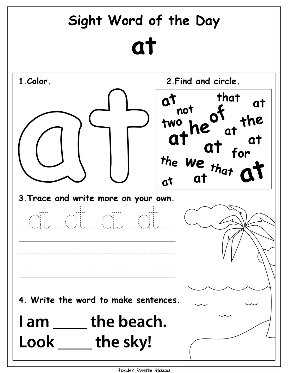 Sight word practice for 'at': color, find, trace, and complete 'I am ___ the beach' and 'Look ___ the sky!'