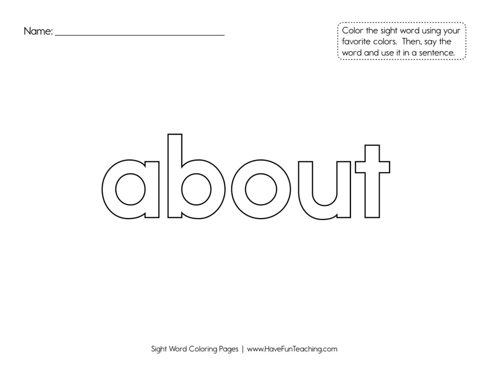 Sight word 'about': students color the large hollow letters, then read the word aloud and say a sentence that uses it