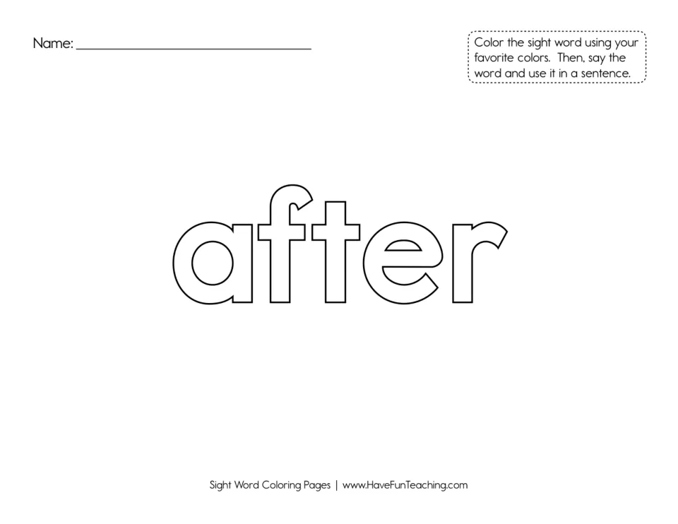 Sight word 'after': students color in the outlined letters, then say the word and use it in a spoken sentence