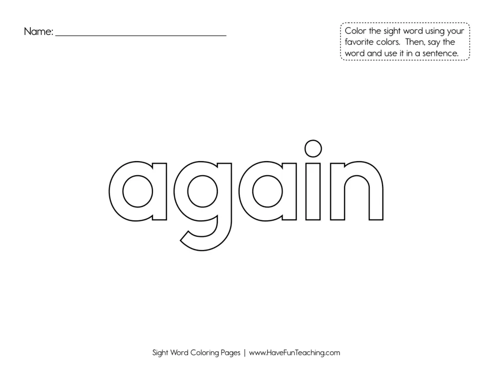 Sight word 'again': students color the big outlined word, then practise saying it and building an oral sentence with it
