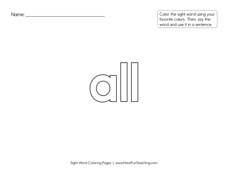 Sight word 'all': students color the three outlined letters with favorite colors, then say 'all' and use it in a sentence