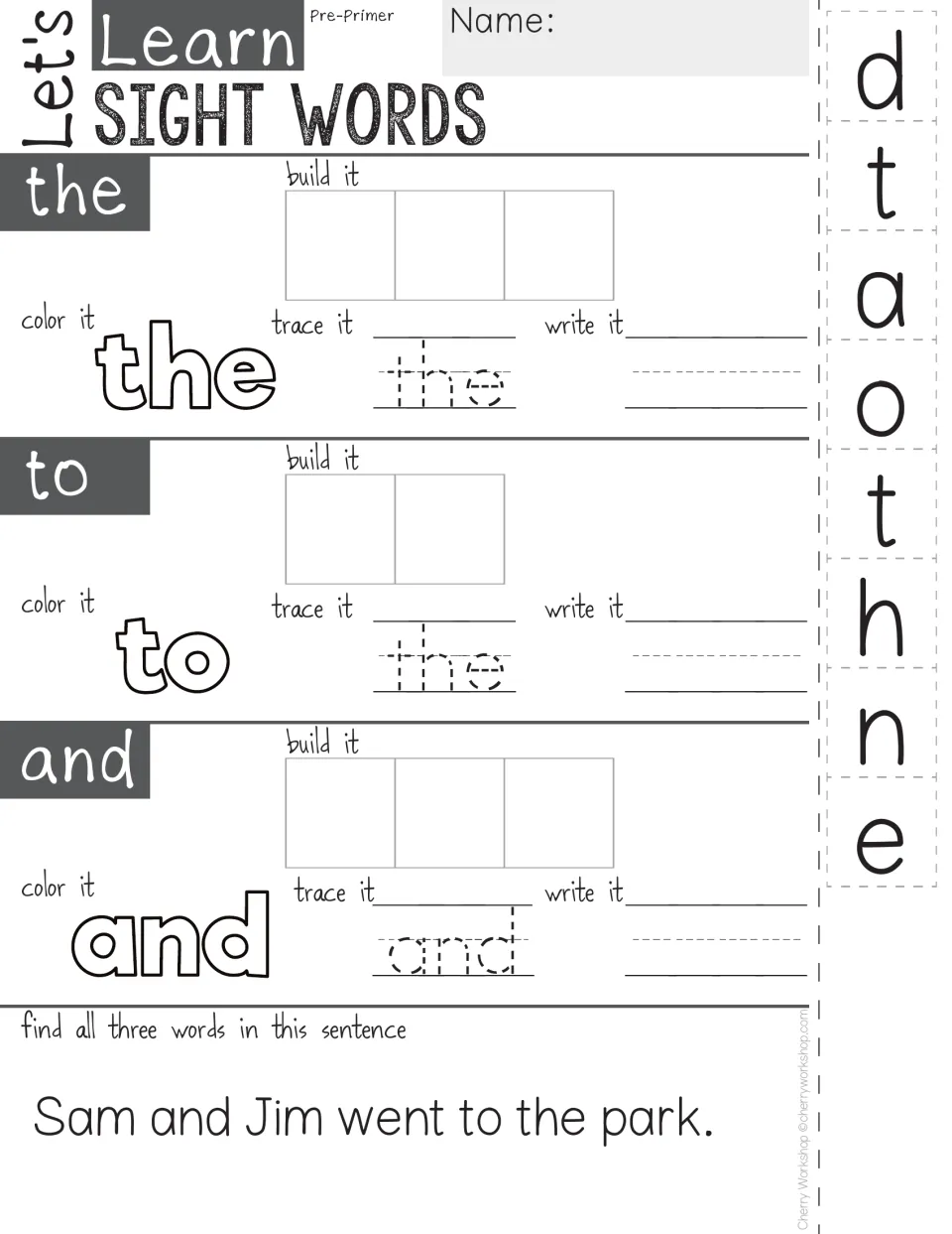 Sight words the, to, and: students cut letter tiles to build each word, then color, trace, write and find it in a sentence