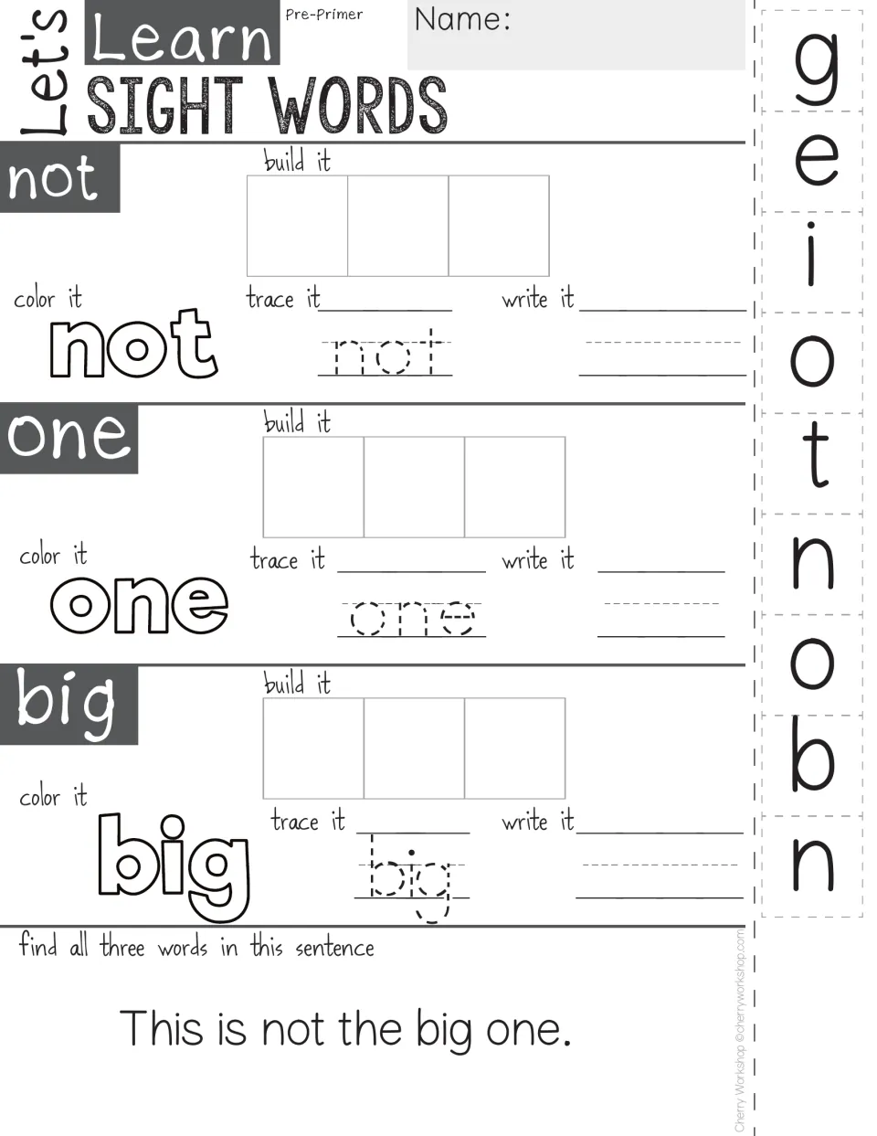 Sight words not, one, big: students build each word with cut-out tiles, color, trace, write it and find them in a sentence