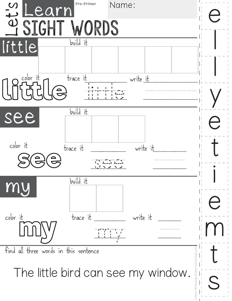 Sight words little, see, my: students build each word from cut tiles, color, trace, write it and find them in a sentence
