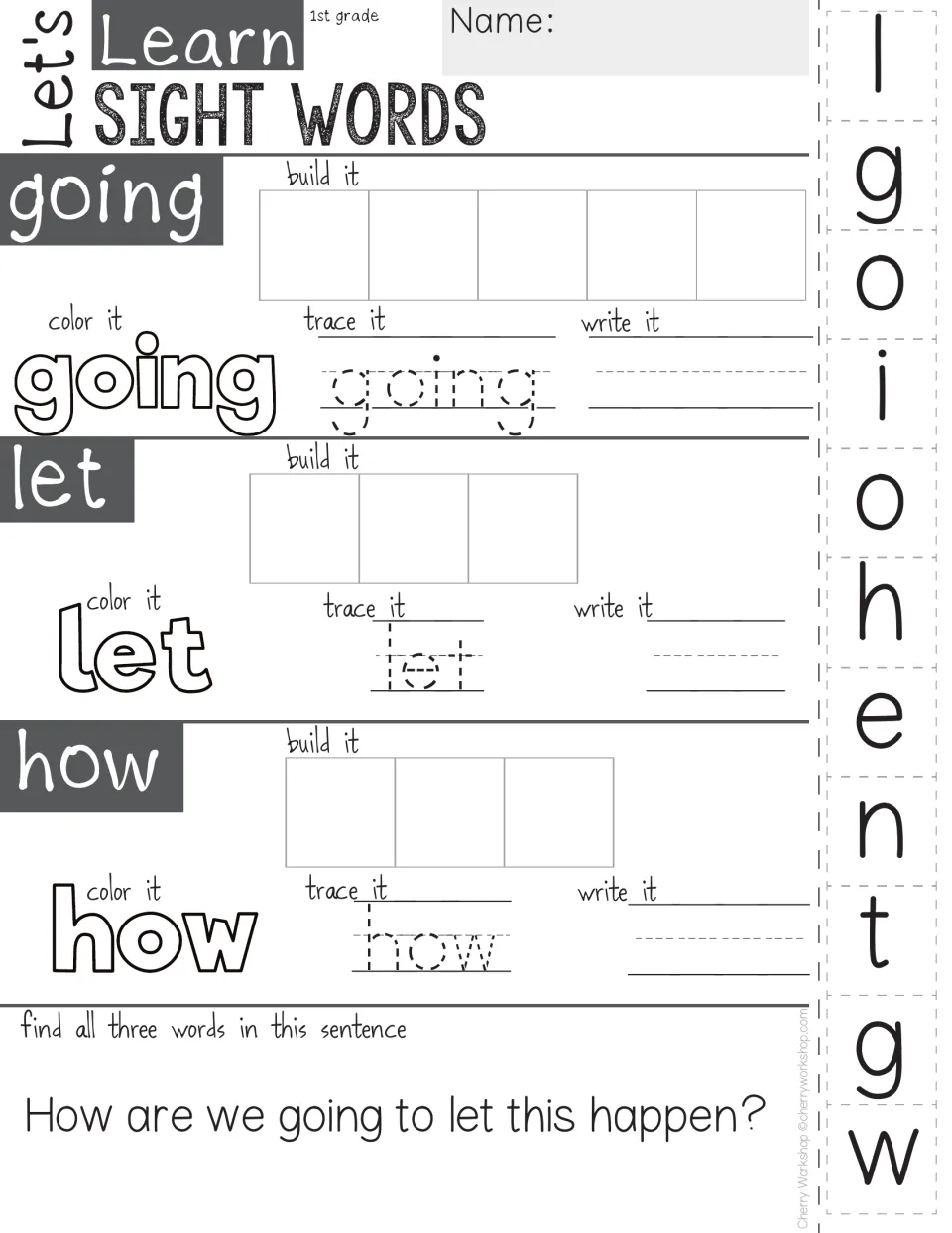 Sight words going, let and how: students glue letters to spell each, color, trace, write, then find them in a sentence